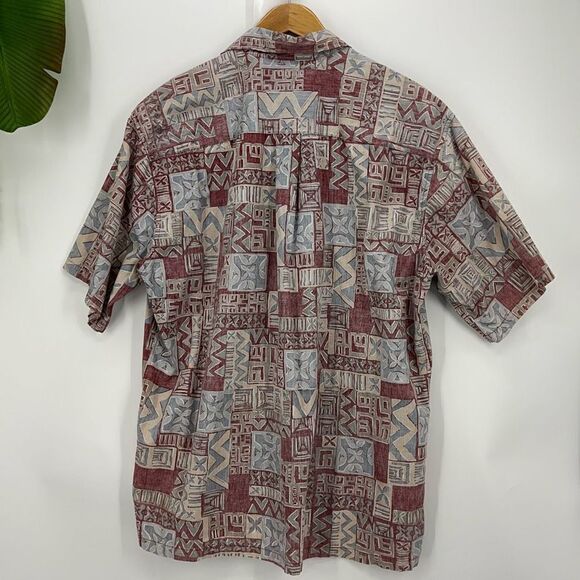 Red Gray Tan Tapa Quilt Design XL Ono Shirt by Liberty House Vintage - Picture 1 of 6
